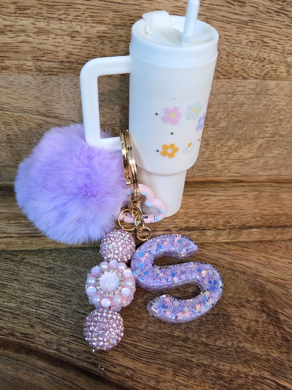 Purple Pom-Pom Letter "S" Keychain with Sparkle Beads & Tumbler to store stuff!